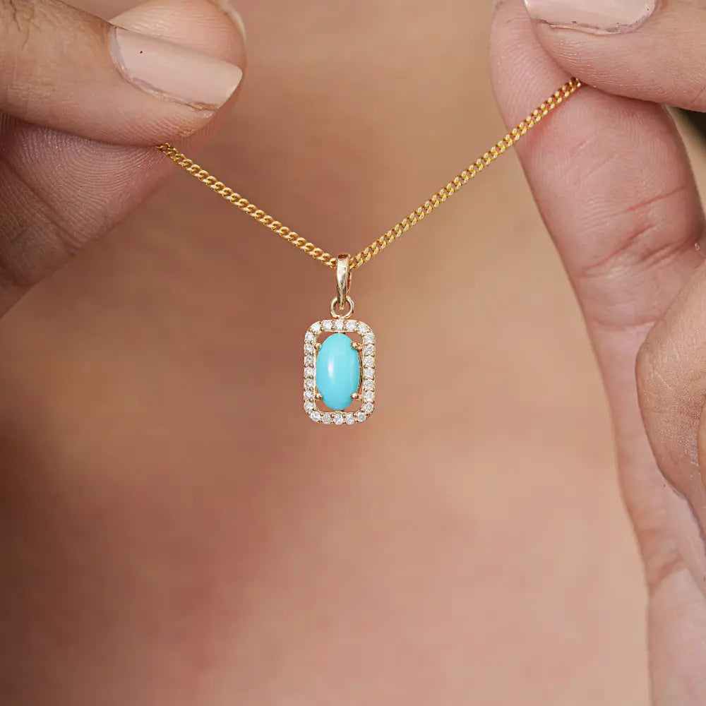 Semi Precious Gemstone Turquoise & Diamond Solid K14 Yellow Gold Halo Pendant For Her
