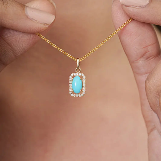 Semi Precious Gemstone Turquoise & Diamond Solid K14 Yellow Gold Halo Pendant For Her