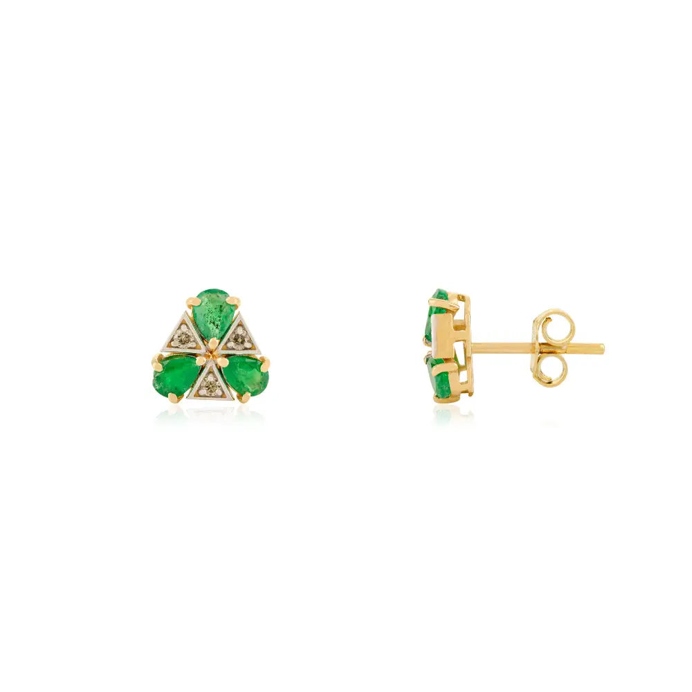 Simple Design Emerald & Diamond Triangle Shape Stud Earrings 14K Yellow Gold Minimal Jewelry