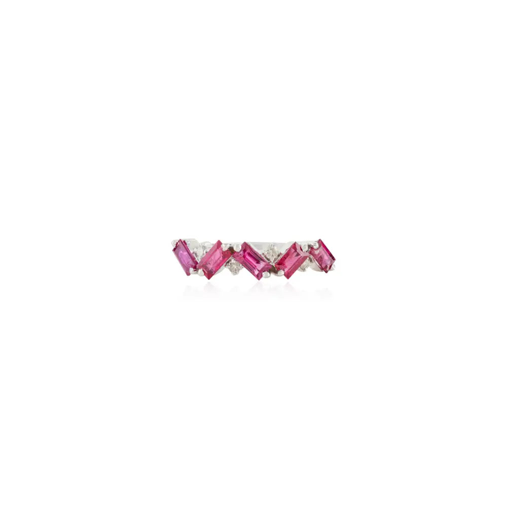 Unique Design Baguette Cut Ruby & Diamond Zig Zag Half Eternity Band Ring 14K Gold Jewelry