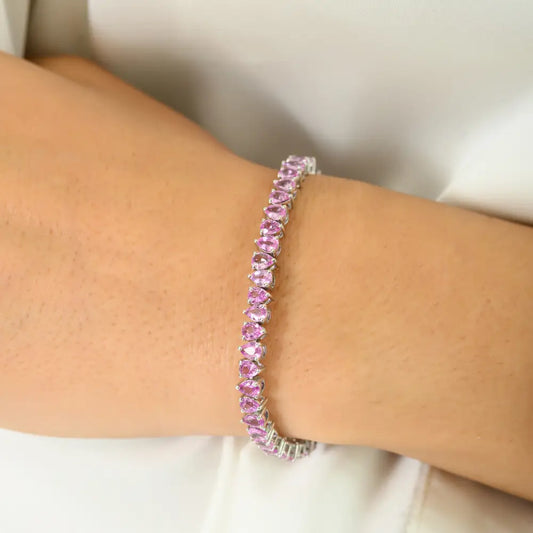 Real 14K Gold Genuine Pink Sapphire Stackable Tennis Bracelet Unisex Wedding Jewelry
