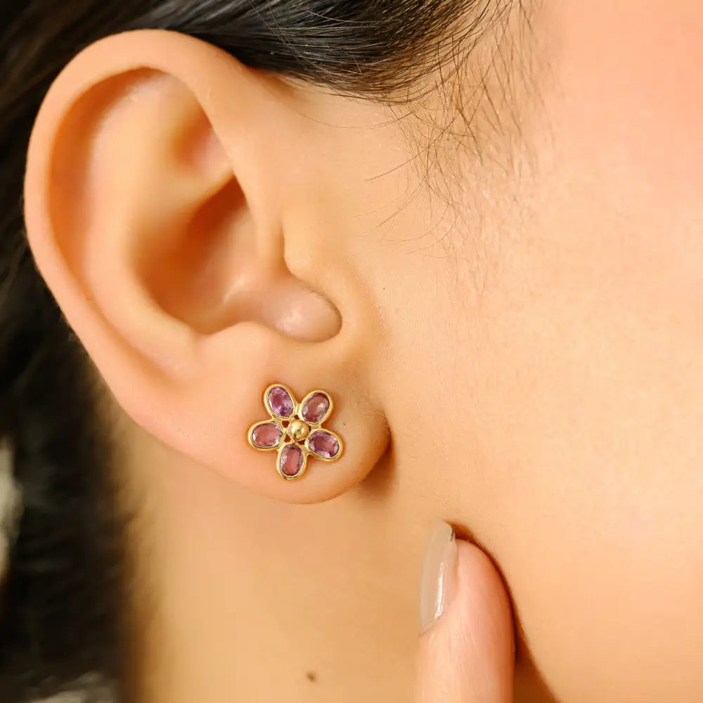 Simple Design Bezel Set Pink Sapphire Floral Stud Earrings For Girls Real K14 Yellow Gold Jewelry