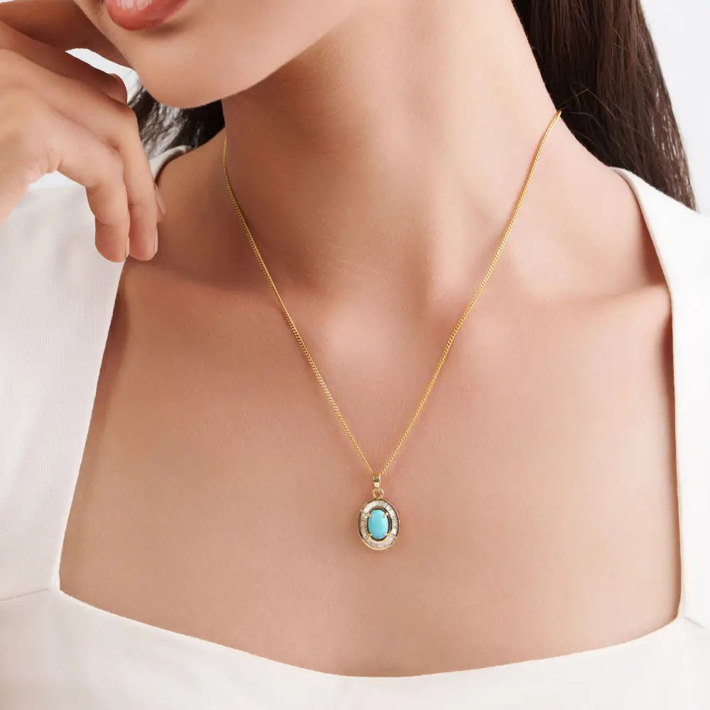 Most Trending Products Turquoise & Diamond K14 Yellow Gold Cluster Pendant For Unisex