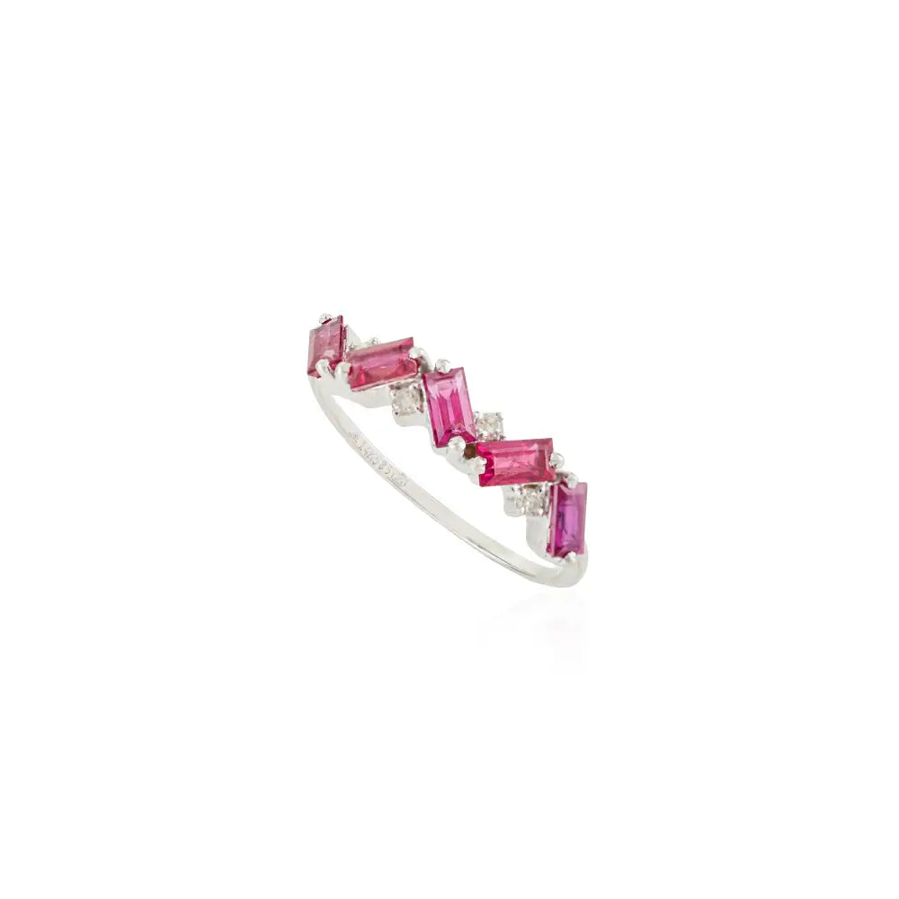 Unique Design Baguette Cut Ruby & Diamond Zig Zag Half Eternity Band Ring 14K Gold Jewelry