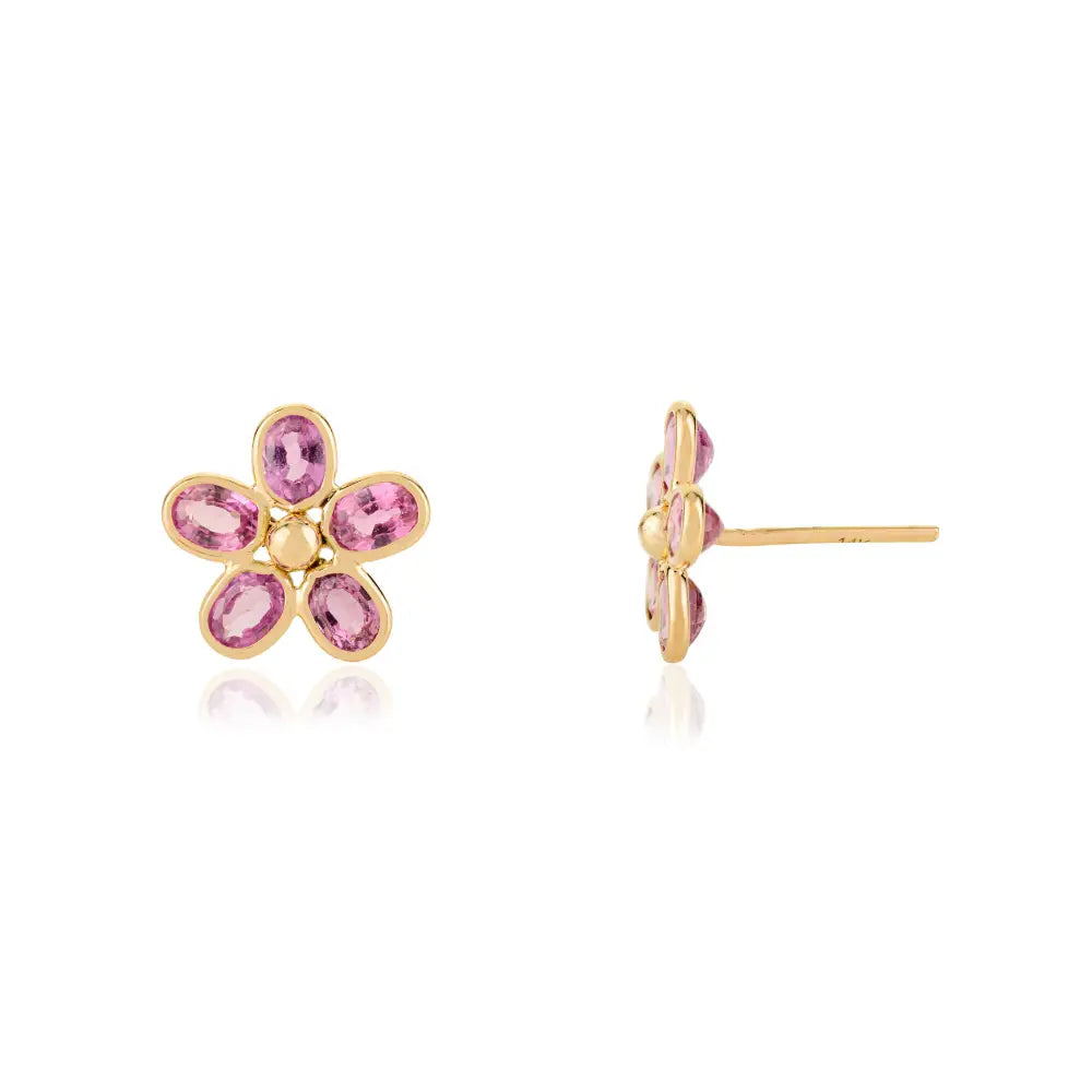 Simple Design Bezel Set Pink Sapphire Floral Stud Earrings For Girls Real K14 Yellow Gold Jewelry