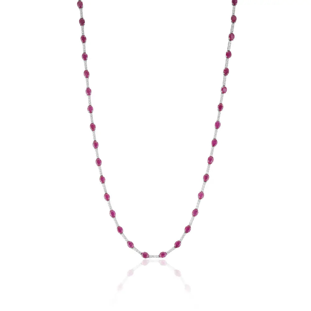 Fine Ruby & Diamond 14K Solid White Gold Box Lock Sleek Tennis Necklace Stack Jewelry