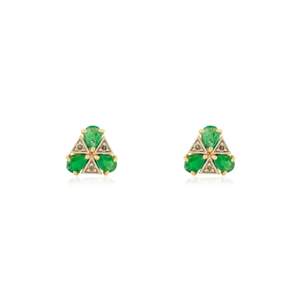 Simple Design Emerald & Diamond Triangle Shape Stud Earrings 14K Yellow Gold Minimal Jewelry