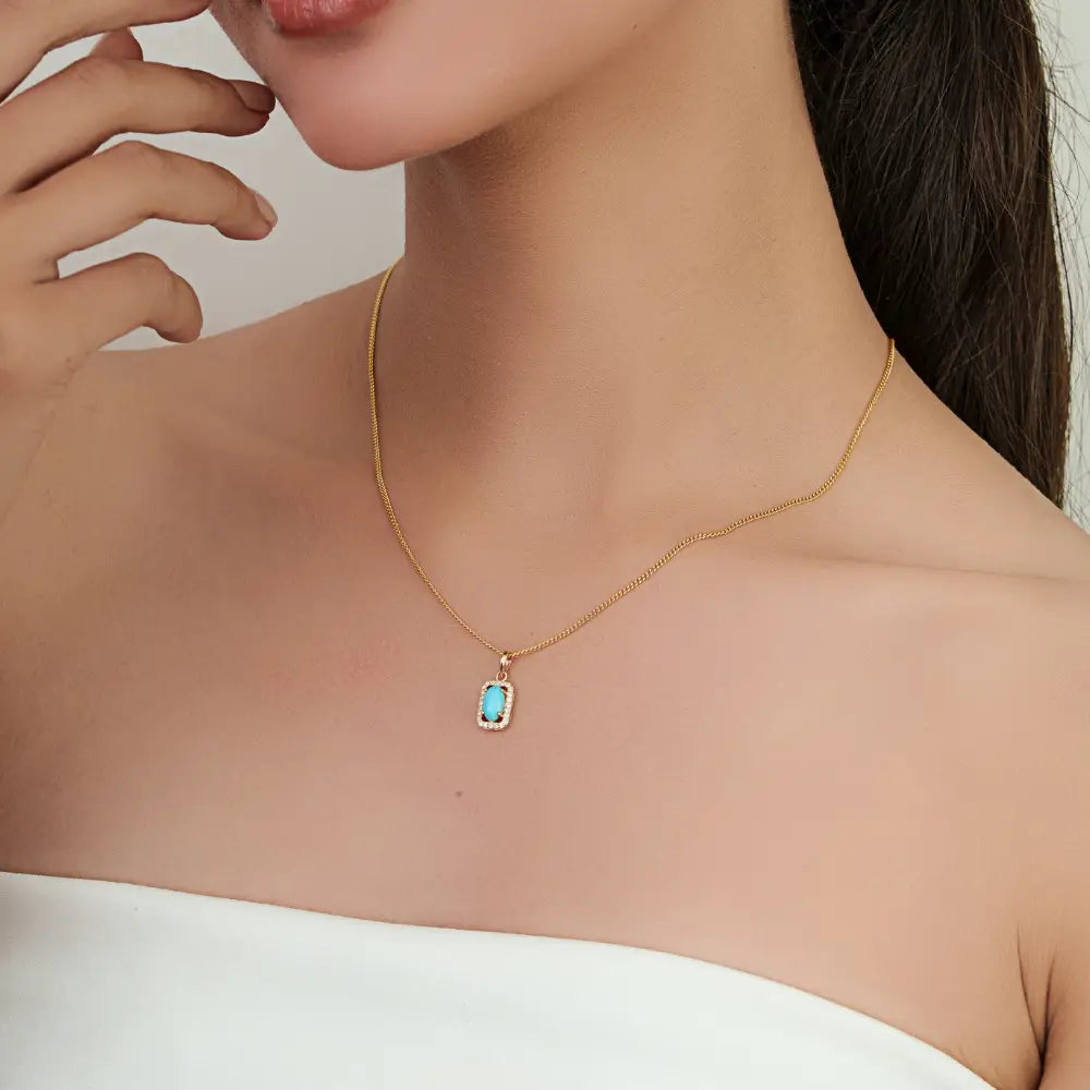 Semi Precious Gemstone Turquoise & Diamond Solid K14 Yellow Gold Halo Pendant For Her