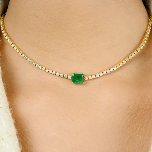 Octagon Cut Emerald & Round Diamond Half Tennis Necklace For Women 14K Yellow Gold