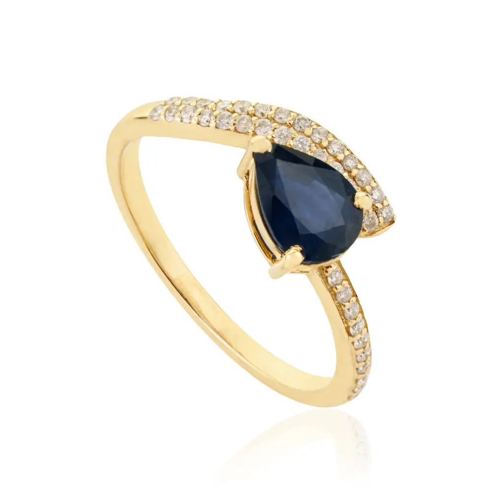 14K Solid Yellow Gold Blue Sapphire & Diamond Statement Ring September Birthstone Jewelry