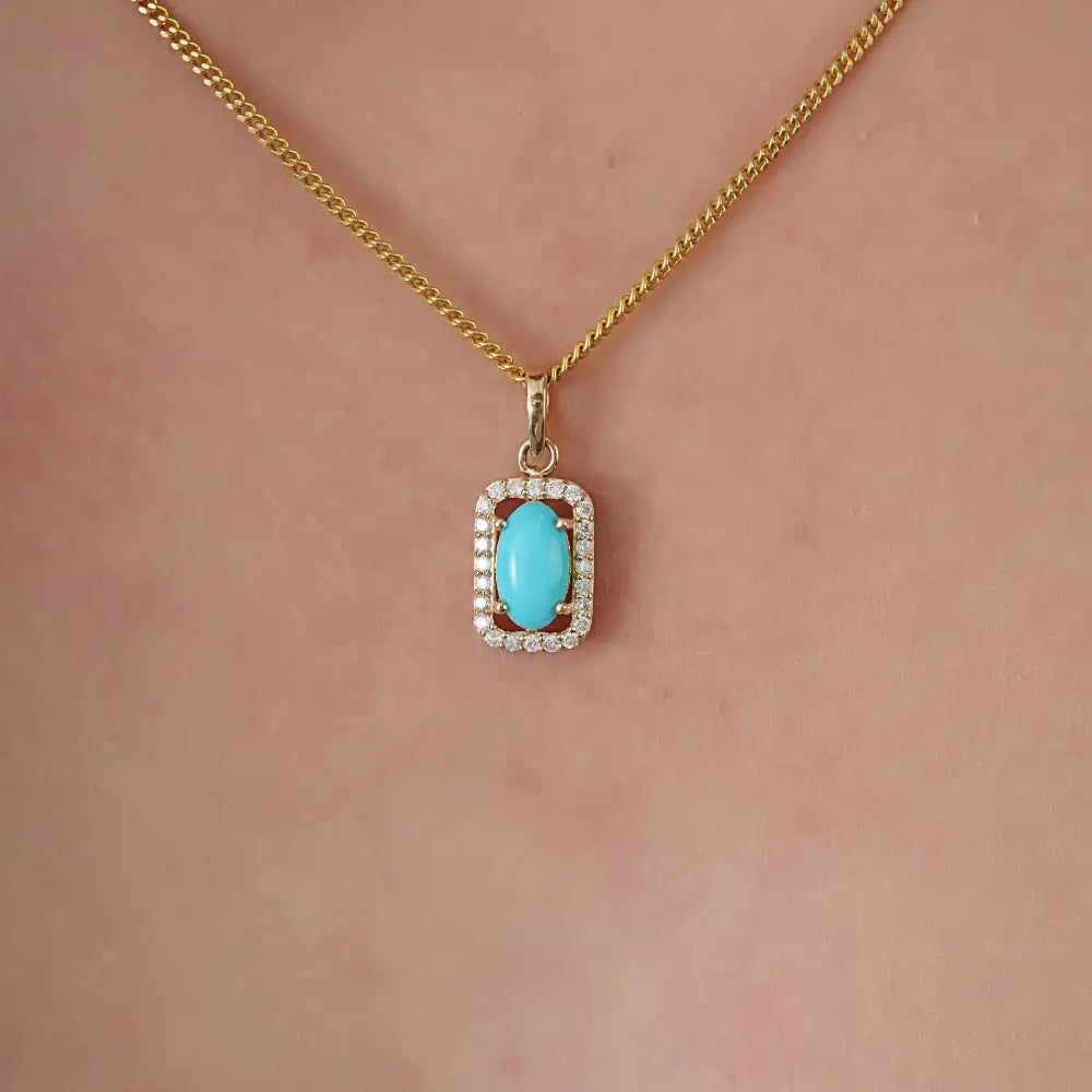 Semi Precious Gemstone Turquoise & Diamond Solid K14 Yellow Gold Halo Pendant For Her