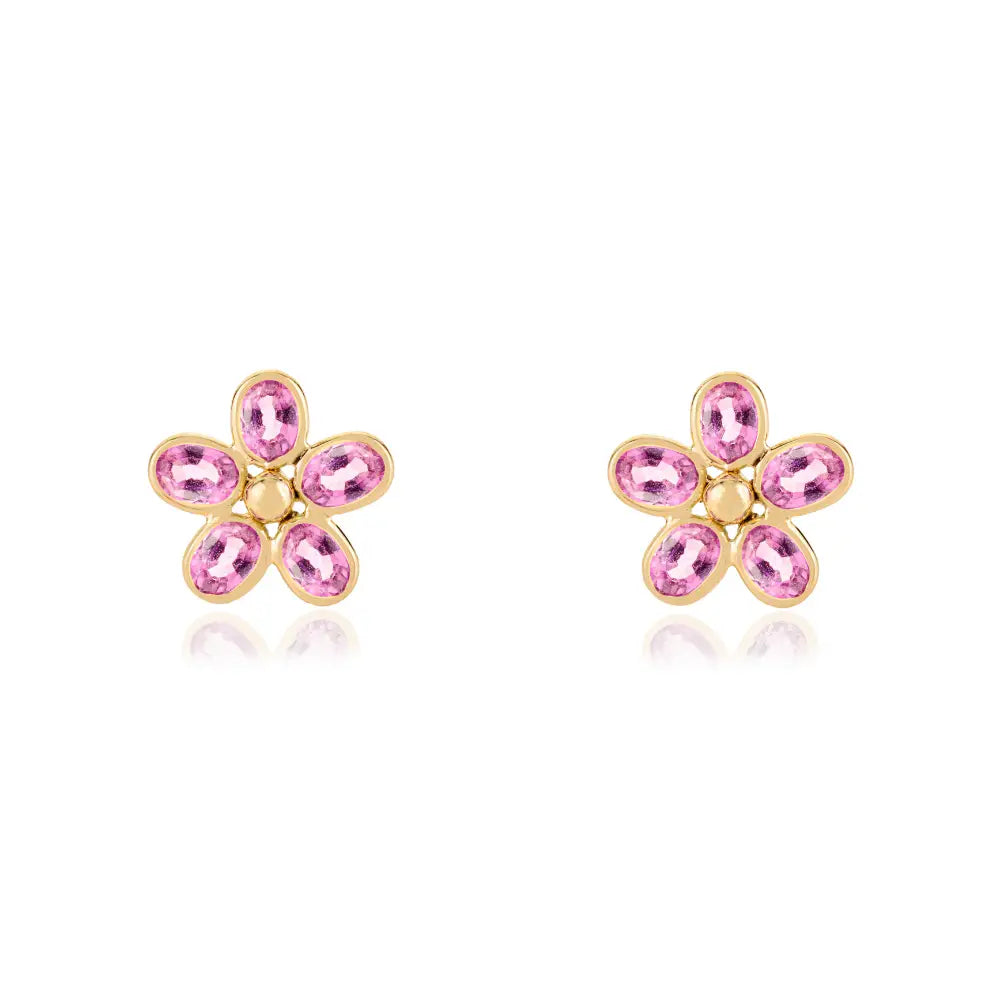 Simple Design Bezel Set Pink Sapphire Floral Stud Earrings For Girls Real K14 Yellow Gold Jewelry