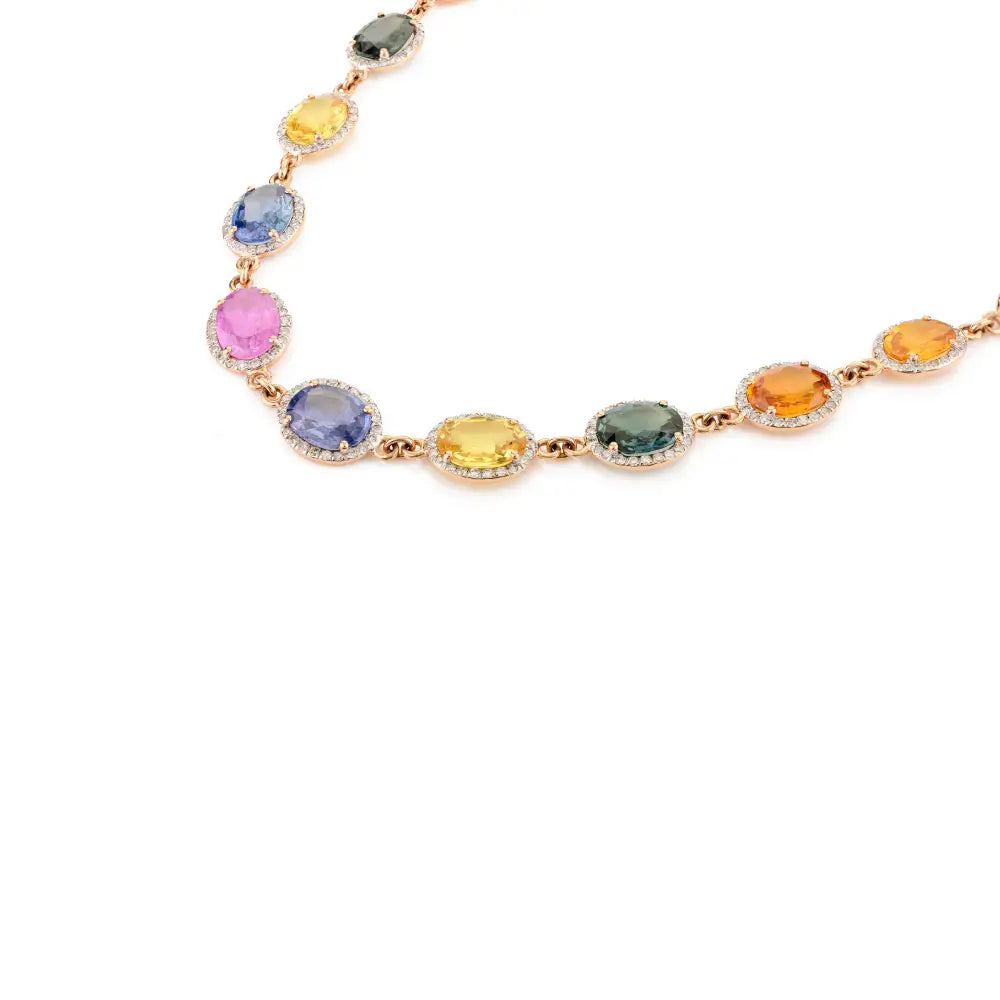 Multi Sapphire & Diamond Halo Station Chain Necklace 18K Rose Gold Women's Jewelry