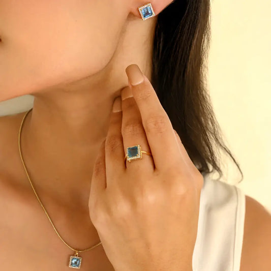 Blue Topaz & Diamond Ring Earrings & Pendant Halo 3 Pcs Jewelry Set Custom Wedding Accessories