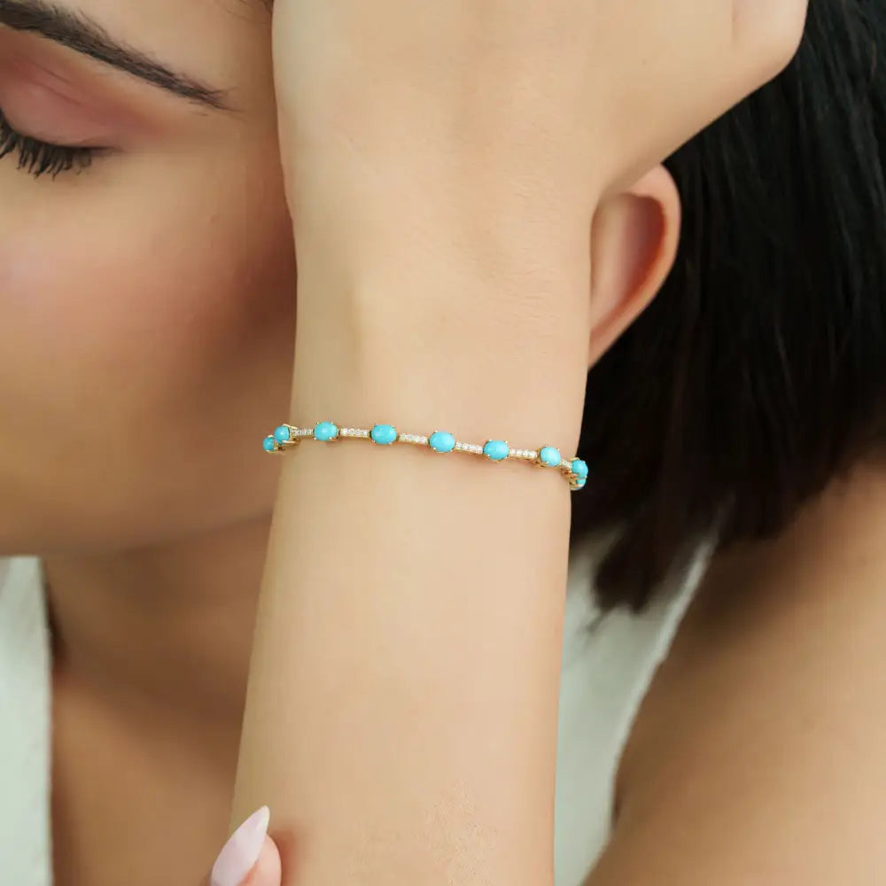 Elegant Turquoise & Diamond Sleek Tennis Bracelet Stackable 14K Yellow Gold Jewelry