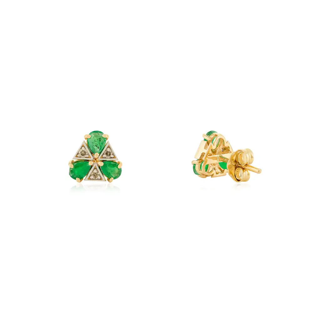 Simple Design Emerald & Diamond Triangle Shape Stud Earrings 14K Yellow Gold Minimal Jewelry