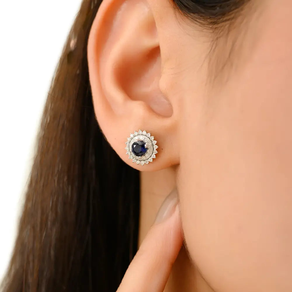 18K Pure White Gold Blue Sapphire & Diamond Round Shape Double Cluster Stud Earrings