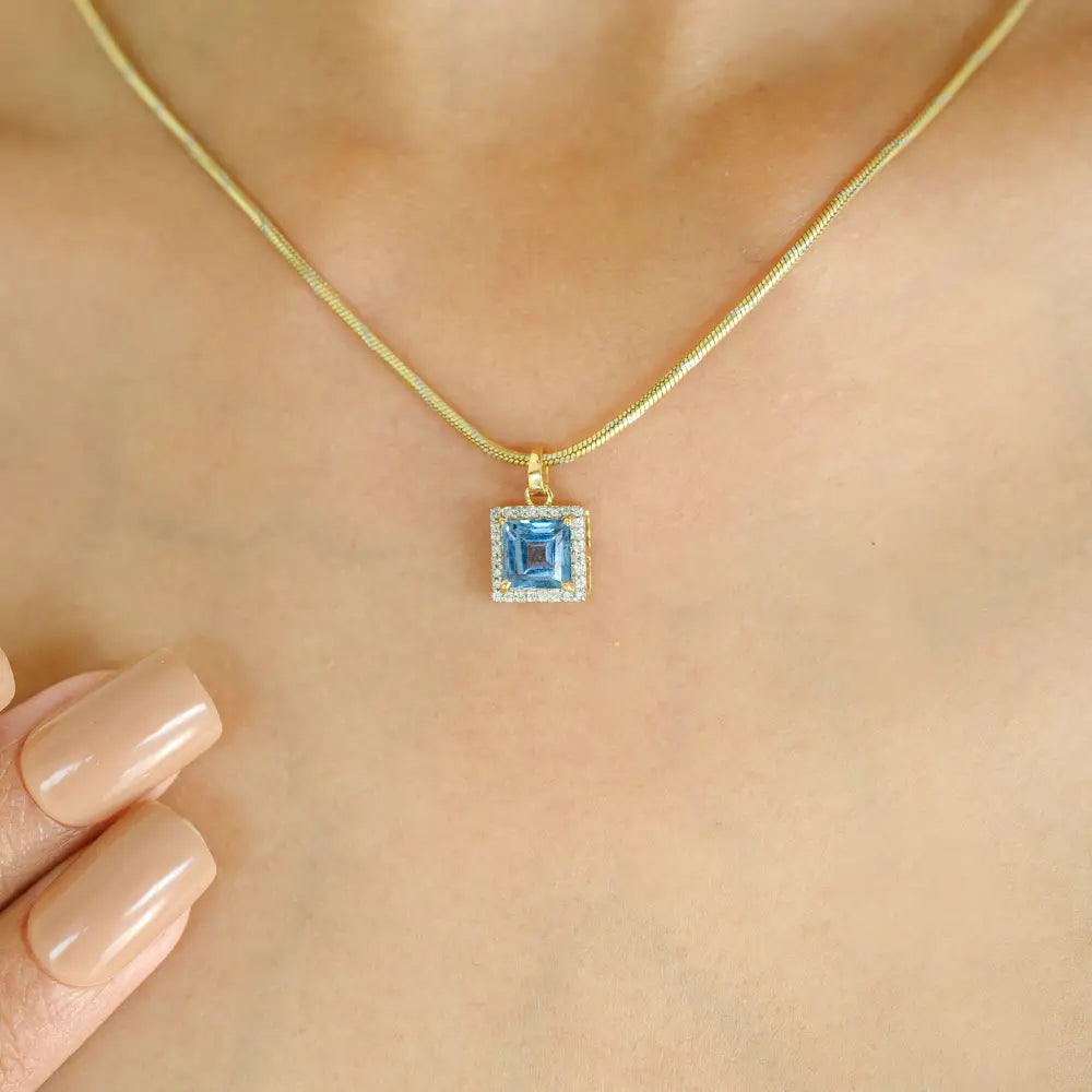 Blue Topaz & Diamond Ring Earrings & Pendant Halo 3 Pcs Jewelry Set Custom Wedding Accessories