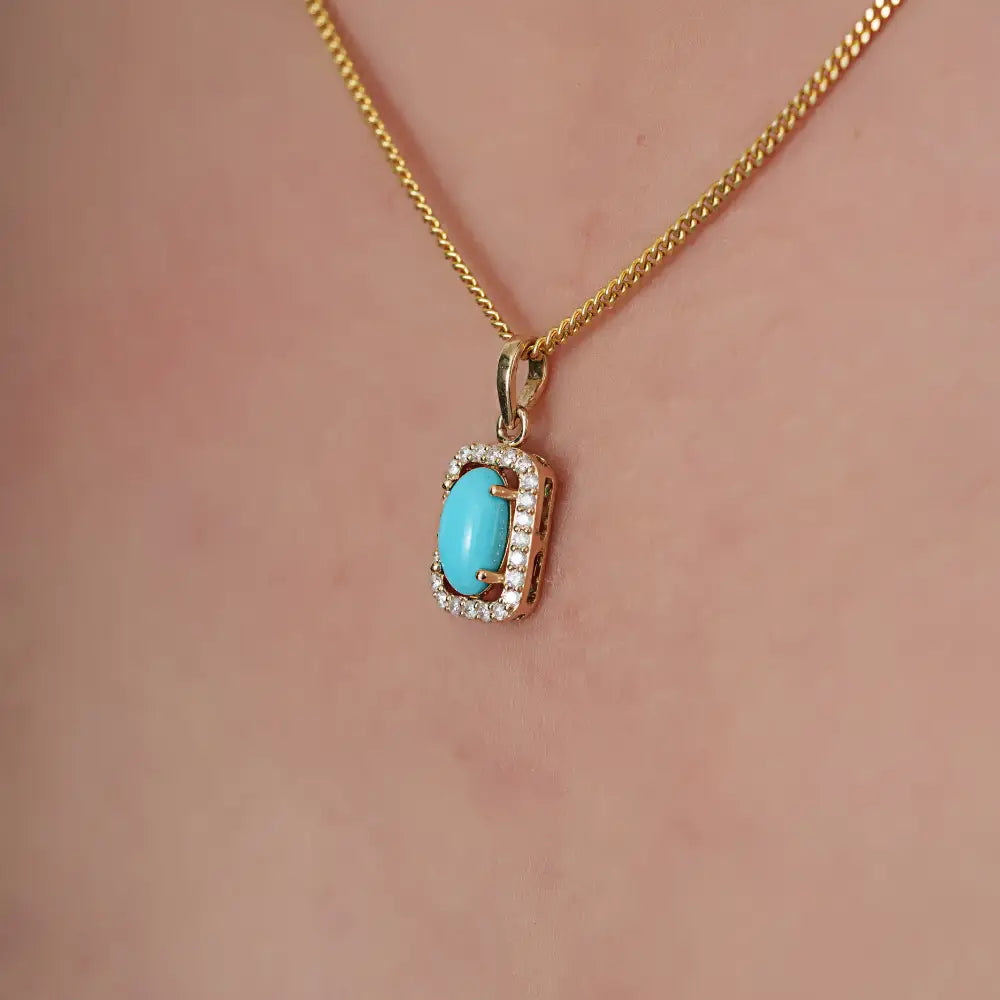 Semi Precious Gemstone Turquoise & Diamond Solid K14 Yellow Gold Halo Pendant For Her