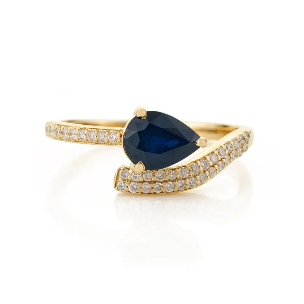 14K Solid Yellow Gold Blue Sapphire & Diamond Statement Ring September Birthstone Jewelry