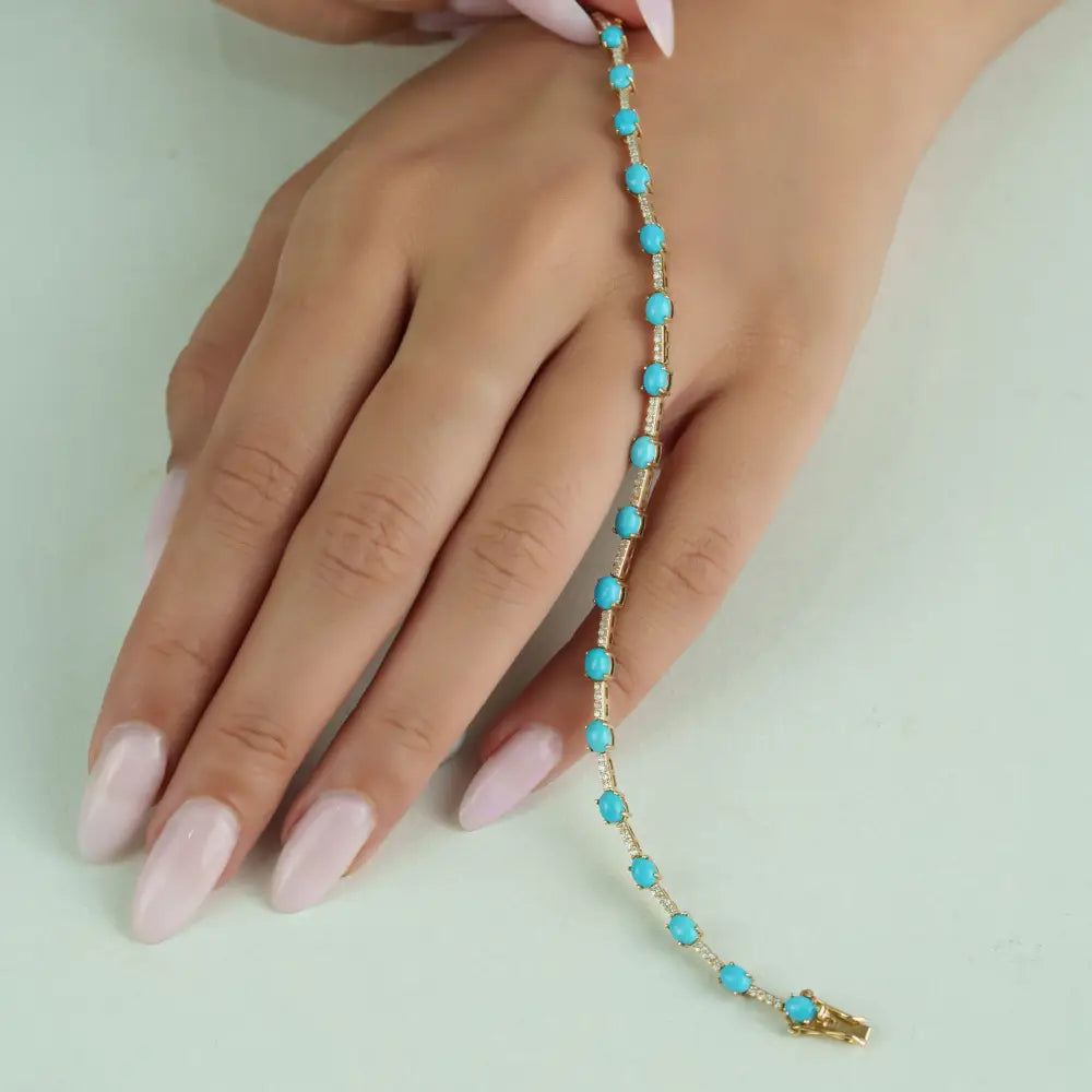 Elegant Turquoise & Diamond Sleek Tennis Bracelet Stackable 14K Yellow Gold Jewelry