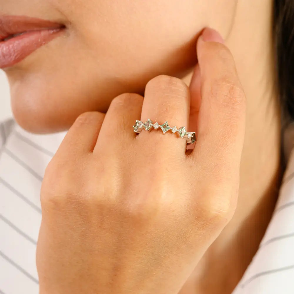 Square Shape Green Sapphire & Round Cut Diamond Stackable Half Eternity Band Ring