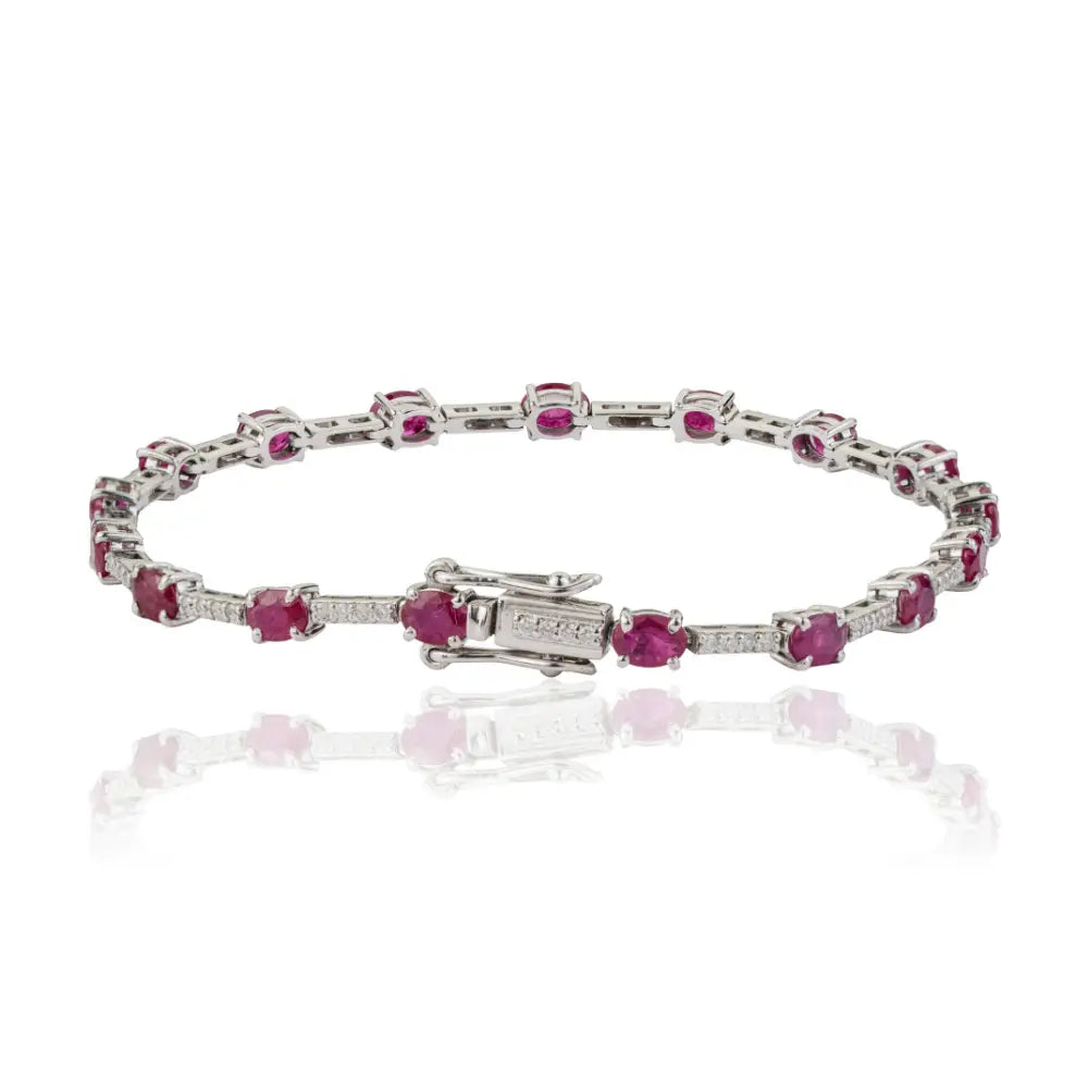 Precious Gemstone 14K White Gold Ruby & Diamond Sleek Tennis Bracelet Stackable Jewelry