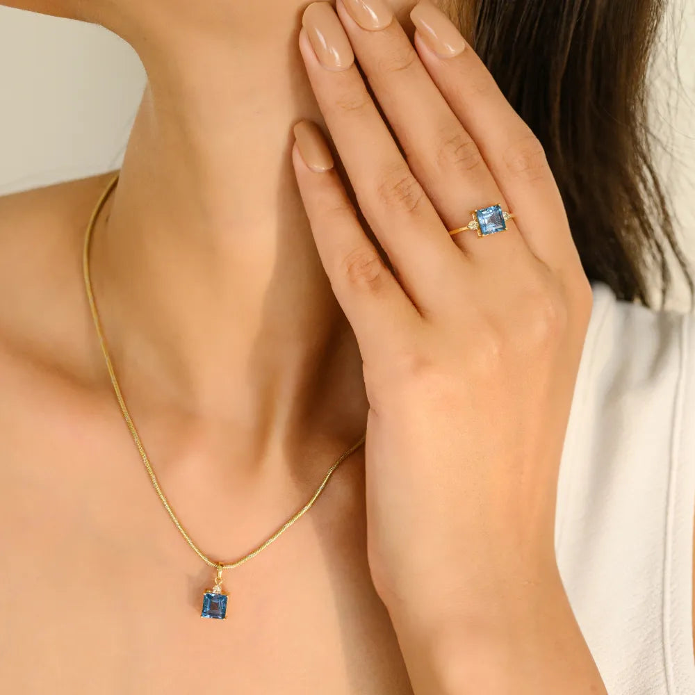 3 Pcs Ring Earrings & Pendant Genuine Blue Topaz & Diamond Jewelry Set 18K Yellow Gold
