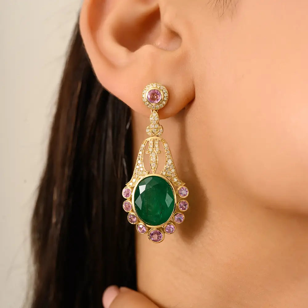 Luxurious Emerald Pink Sapphire & Diamond 14K Yellow Gold Wedding Chandelier Earrings