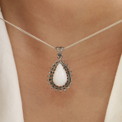 5CTW Pear Shape Natural Opal & Diamond Halo Pendant Fine Jewelry In 925 Sterling Silver