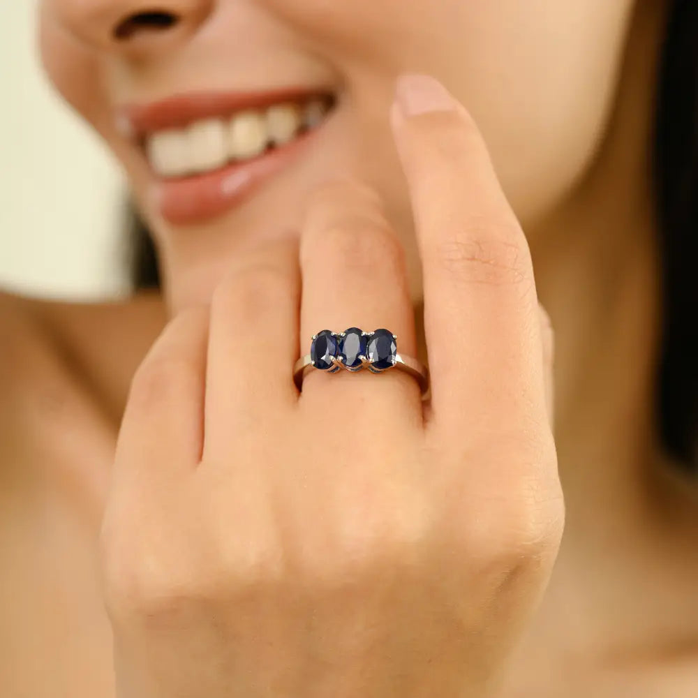 Elegant Design Oval Shape Blue Sapphire Three Stone Ring For Unisex 14K Real White Gold