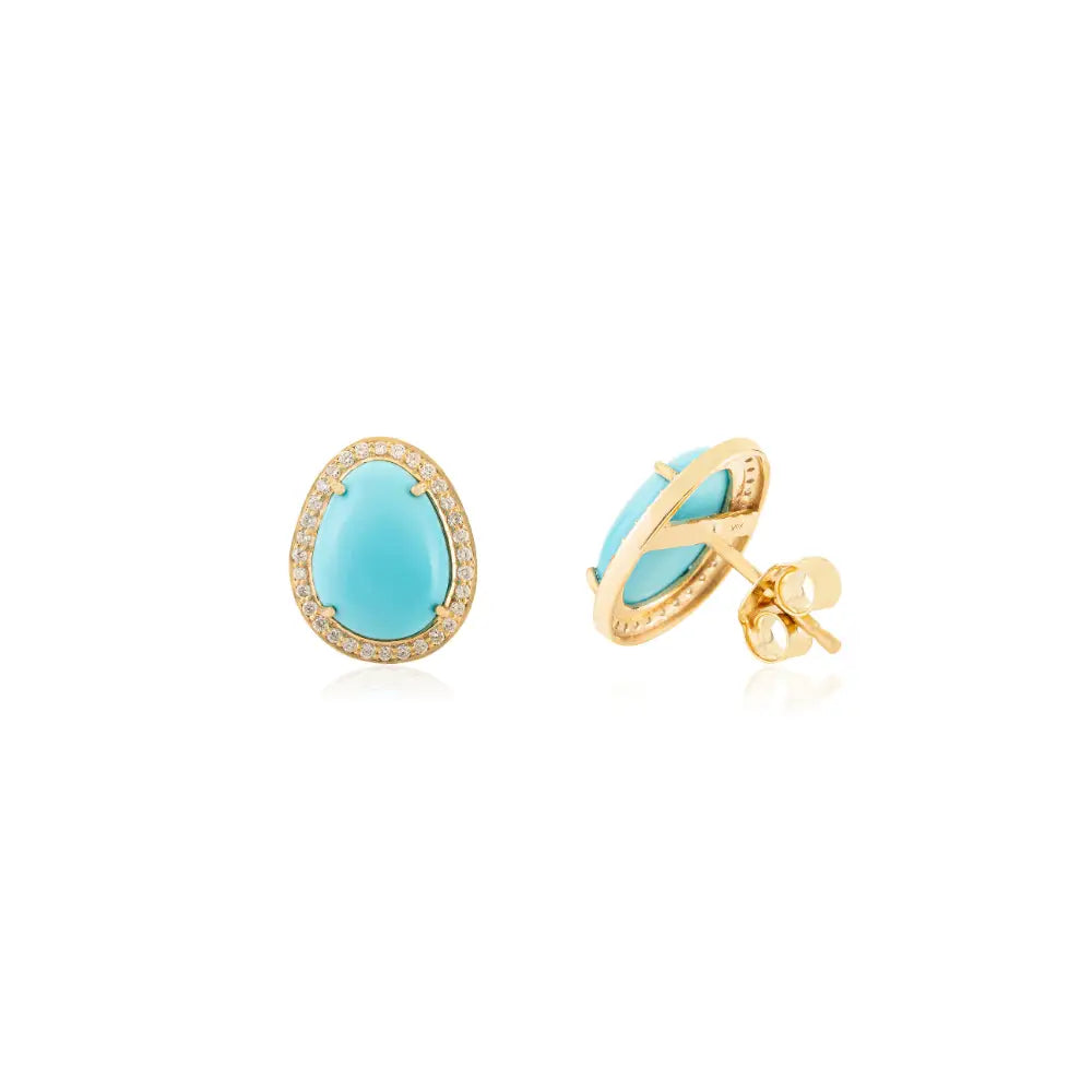 Uneven Shape Turquoise & Diamond Halo Stud Earrings K14 Yellow Gold Women Jewelry