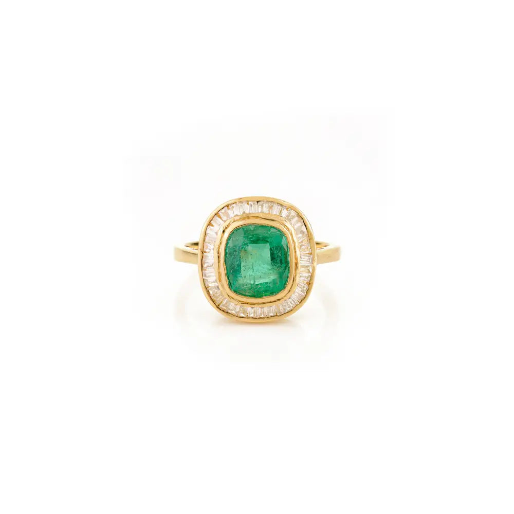May Birthstone Emerald & Diamond 18K Pure Yellow Gold Halo Engagement Ring Trendy Jewelry