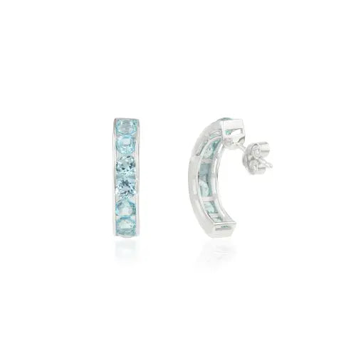Solid 925 Sterling Silver Natural Round Blue Topaz December Birthstone C Shape Hoop Earrings