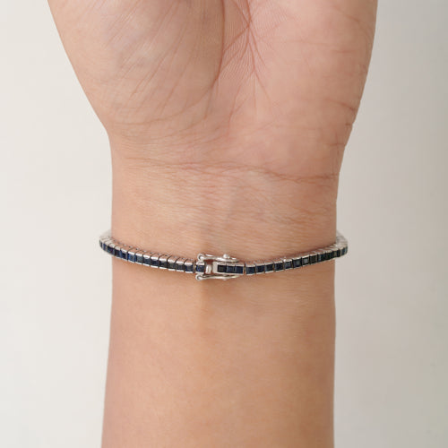 2mm Princess Cut Natural Blue Sapphire Gemstone Channel Set 925 Silver Tennis Bracelet