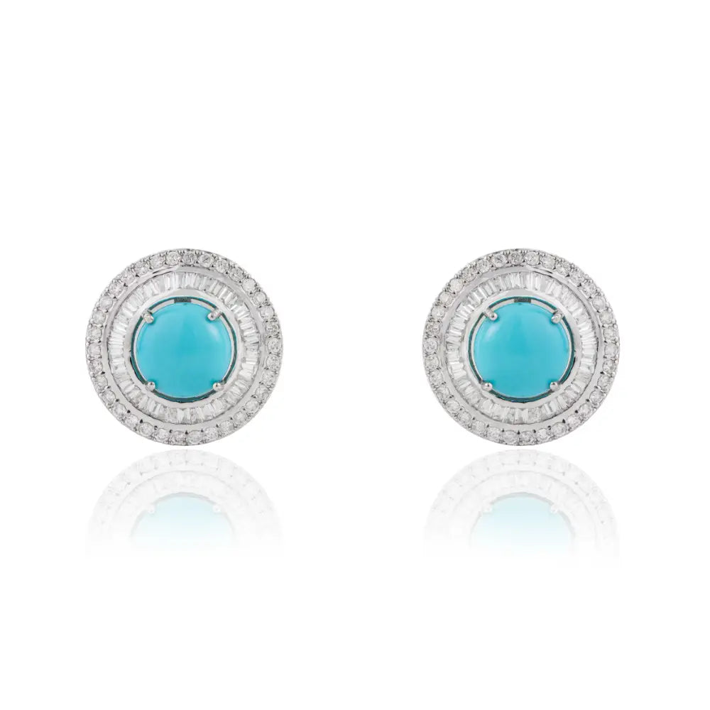Trending Products 14K White Gold Turquoise & Diamond Round Shape Double Halo Stud Earrings