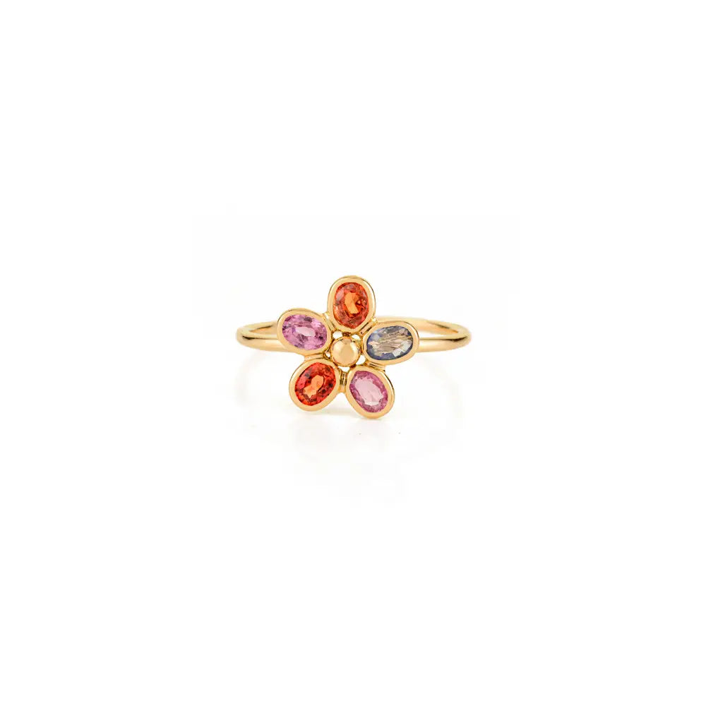 Stacking Design Bezel Set Multi Sapphire Flower Shape Ring Minimal Jewelry 14K Yellow Gold