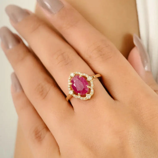 Unique Design 14K Real Yellow Gold Ruby & Diamond Engagement Ring Trending Fine Jewelry