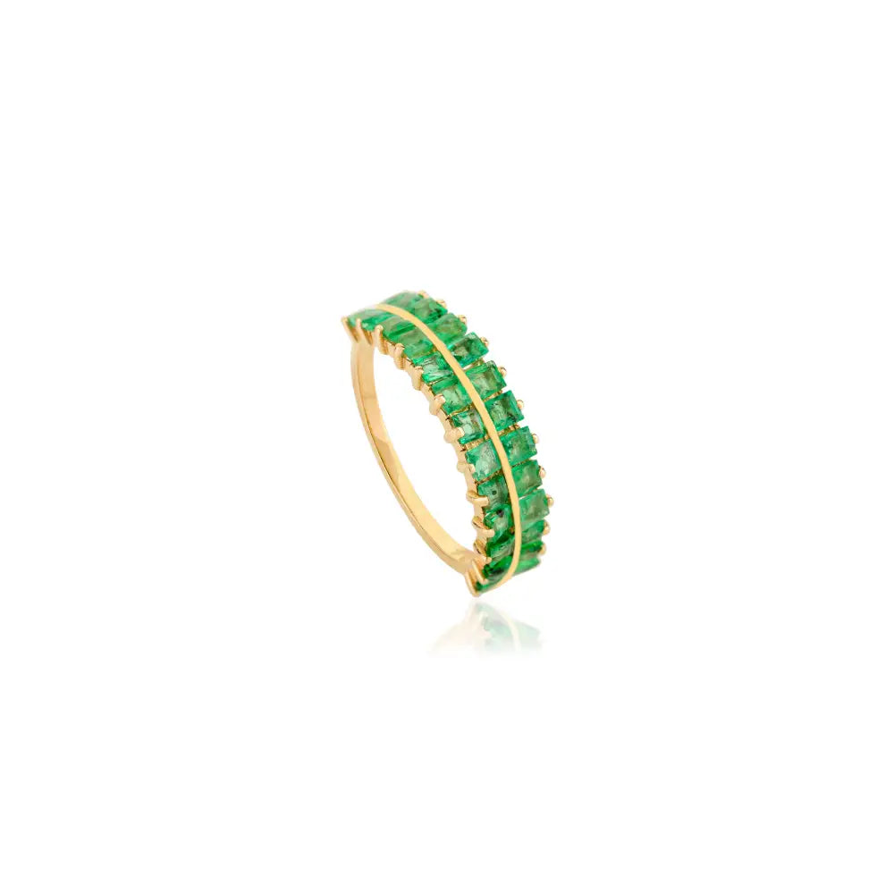 Solid K14 Yellow Gold Emerald Double Row Half Eternity Band Ring May Birthstone Jewelry