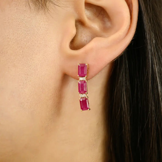 100% Authentic Ruby & Diamond 14K Yellow Gold Dangle Earrings Wedding Jewelry For Women
