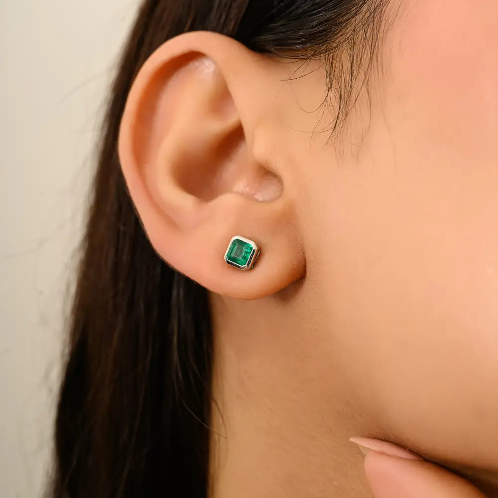 6X5 MM Octagon Gemstone Emerald Minimal Stud Earrings For Daily Wear Unisex 14K Gold