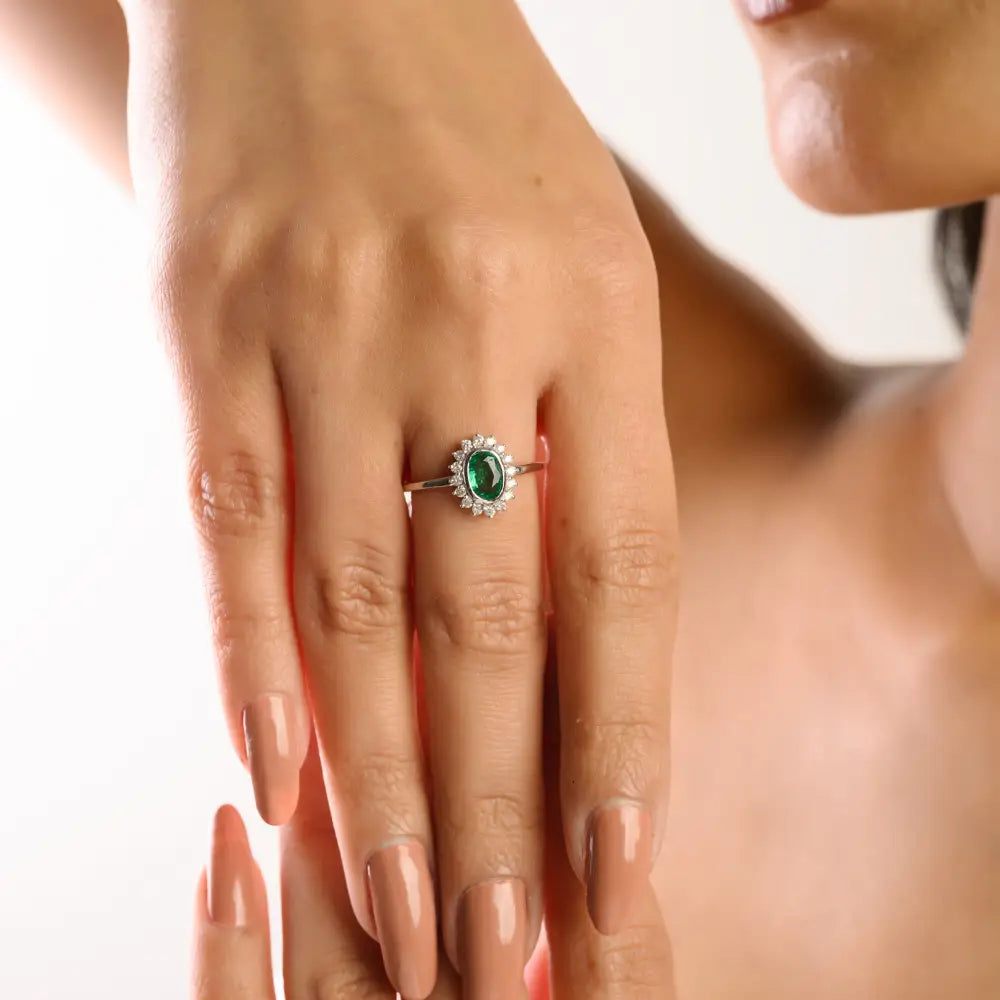 Bezel Set Emerald & Diamond Precious Gemstone Cluster Ring 14K Pure White Gold Fine Jewelry