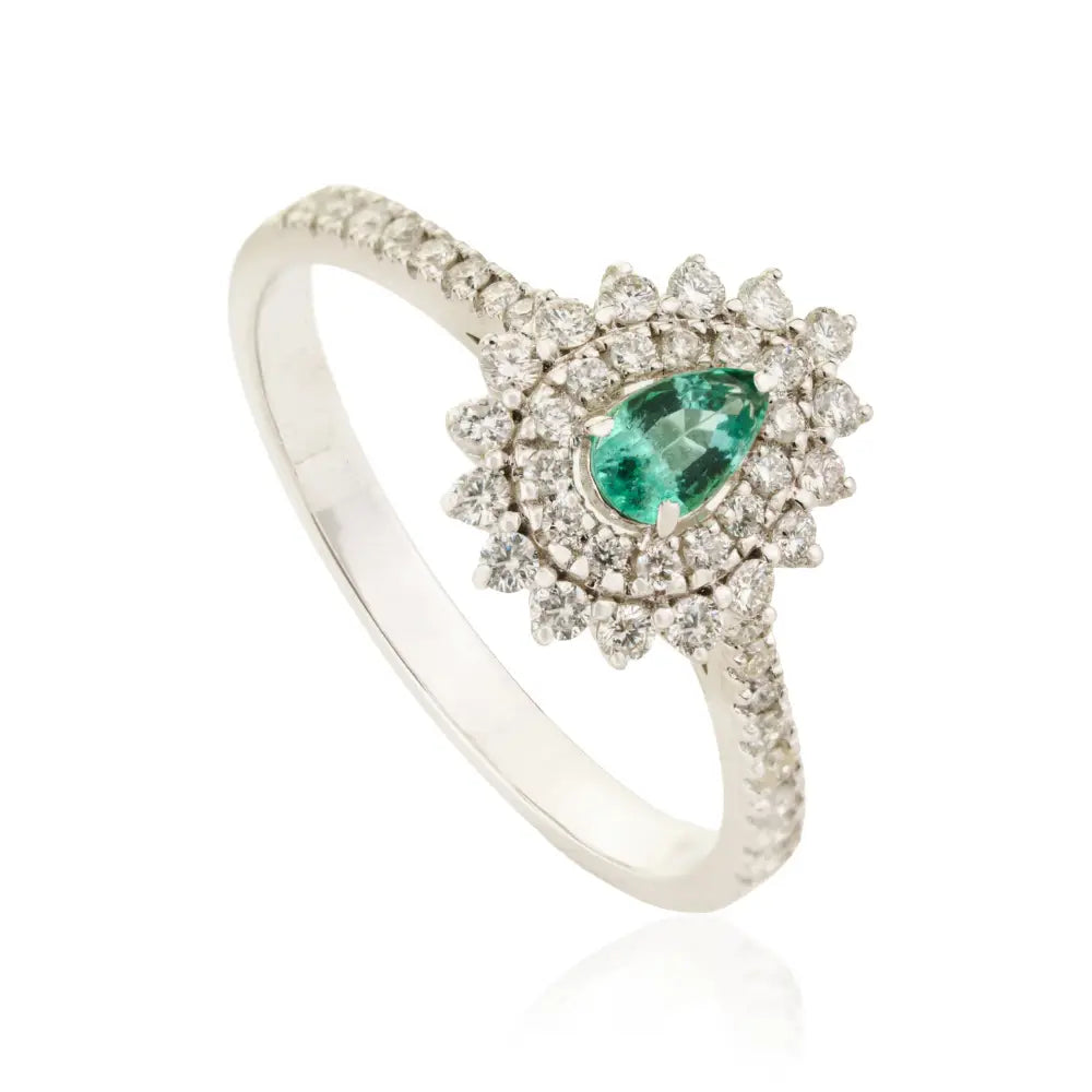 Real 18K White Gold Emerald & Diamond Pear Shape Double Cluster Ring Wedding Jewelry