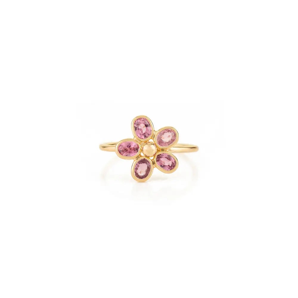 Elegant Design Bezel Set Pink Sapphire Pure 14K Yellow Gold Flower Shape Ring Fine Jewelry