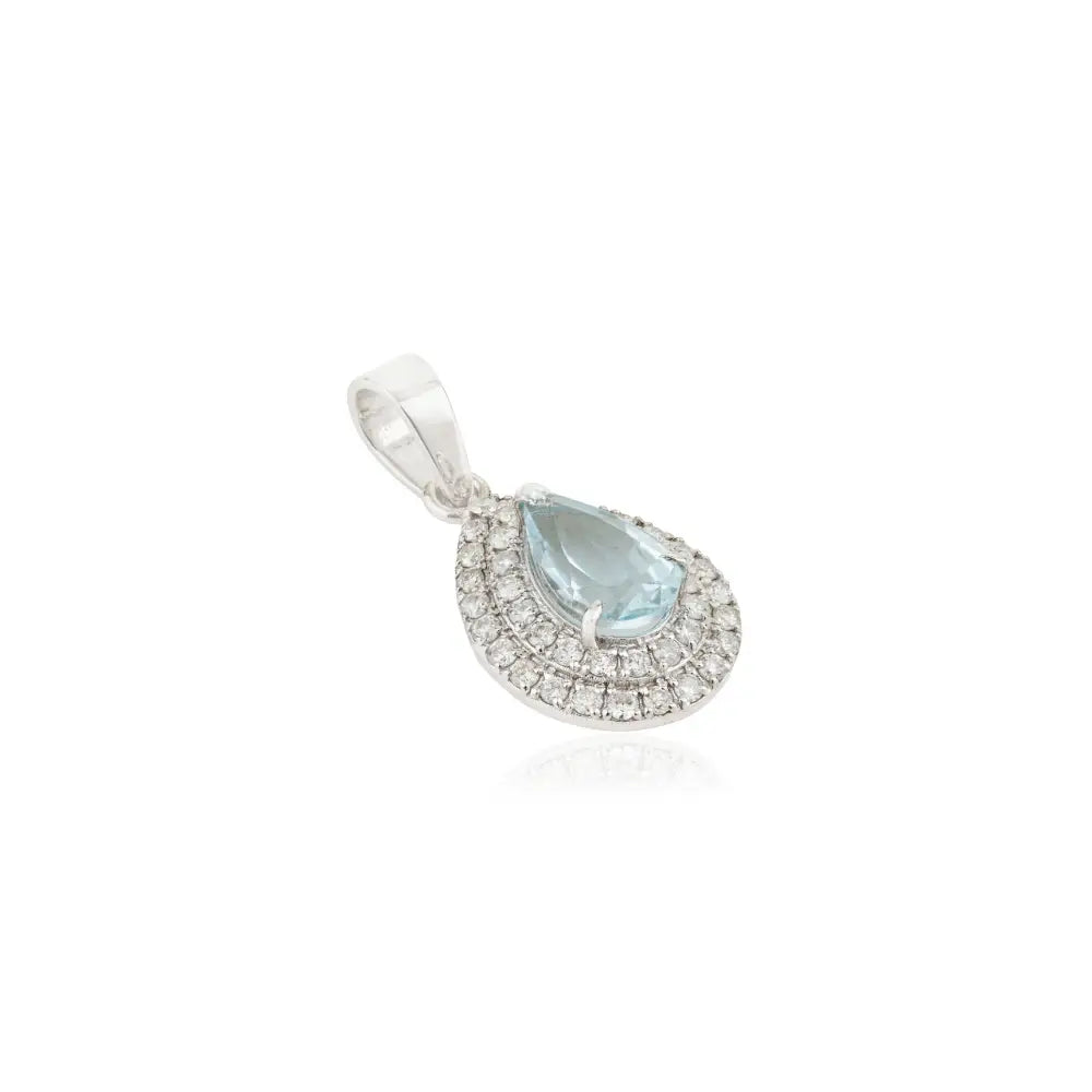 Trending Aquamarine & Diamond Pear Shape Double Cluster Pendant 14K Real White Gold
