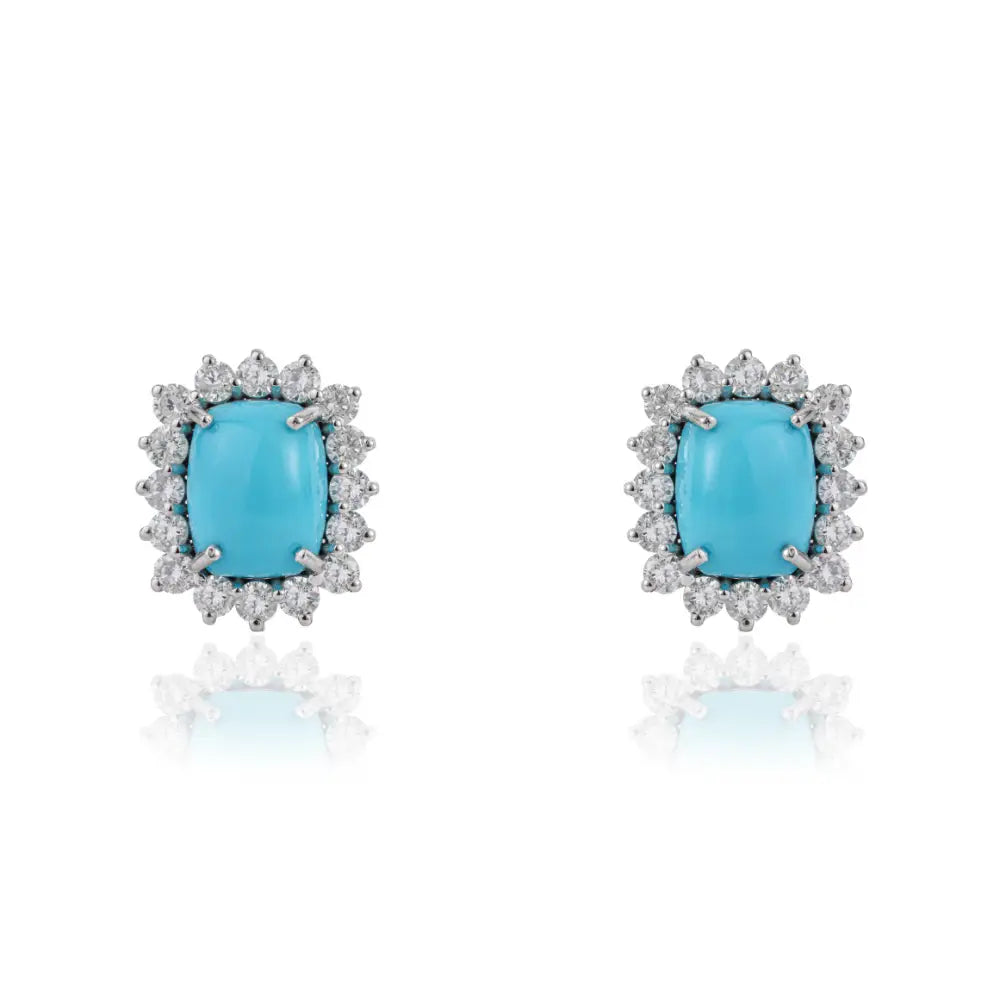 14K White Gold 9x7mm Octagon Cut Turquoise & Diamond Cluster Stud Earrings Bulk Jewelry