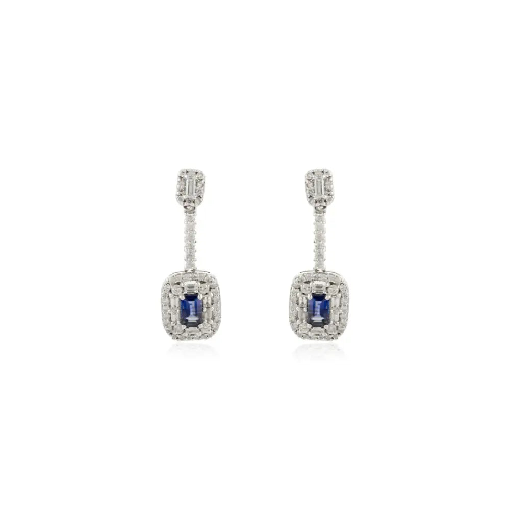 Latest Design Blue Sapphire & Diamond Drop Earrings Real 14K White Gold Gemstone Jewelry