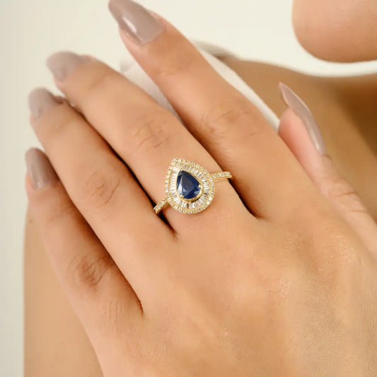 Pear Cut Blue Sapphire & Diamond Pure 14K Yellow Gold Double Halo Engagement Ring Women
