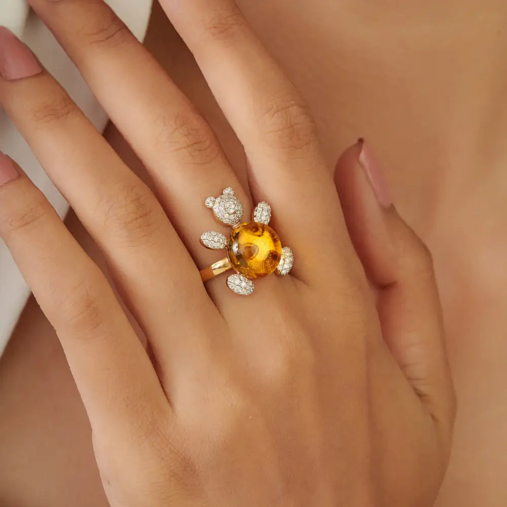 Unique Design Citrine & Diamond K18 Yellow Gold Teddy Bear Ring Statement Jewelry