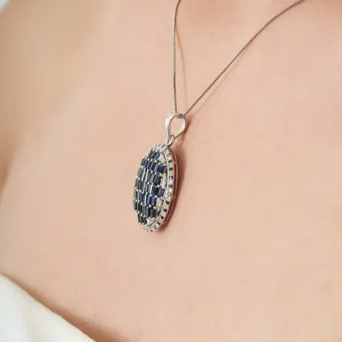 Designer 925 Sterling Silver Blue Sapphire & Diamond Oval Shape Pendant Fine Jewelry